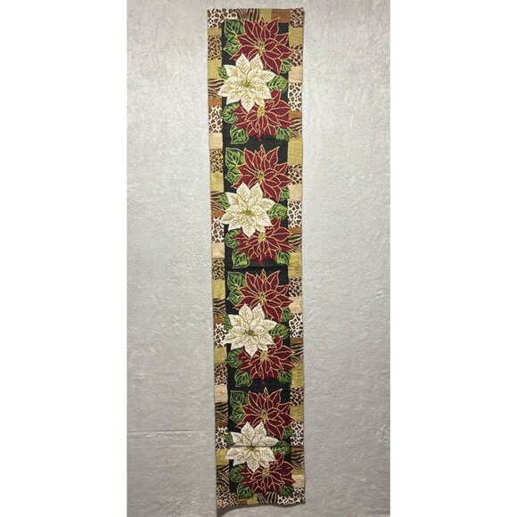 Poinsettia Tapestry Christmas Holiday Table Runner 12" X 66" - Picture 1 of 5